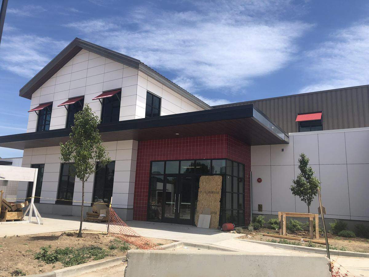 Crews are finishing up exterior work at the Idaho Humane Society’s new campus on Overland Road. This is the front door to the facility.