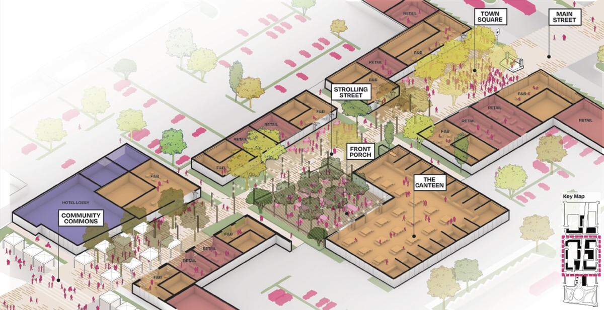 The town center would have, from north to south, a Main Street, plaza, strolling street, food hall and community commons leading to a village green.