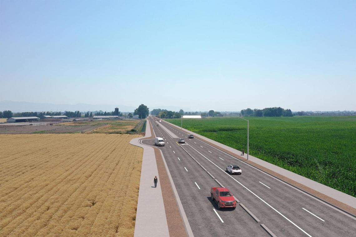 The expanded highway would have two traffic lanes in each direction, a turn lane in the middle, and U-turn “loons” that pop out from the side of the road to allow wider turns, as a white van is making in the middle this artist’s rendering.
