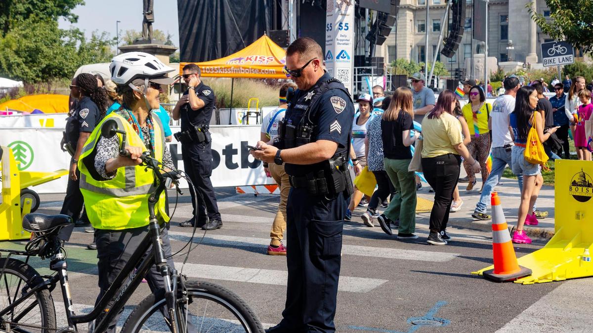 Police officers and security worked at both the entrance and perimeters of the Boise Pride Festival on Sunday, the final day of the event.