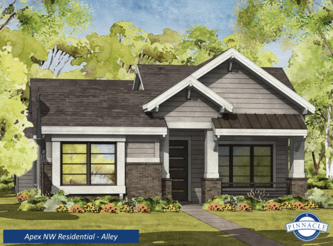 Brighton Corp.’s Pinnacle subdivision would include these alley-loaded houses, which feature a garage in the back, rather than the front, creating a larger front yard uninterrupted by driveways and curb cuts.