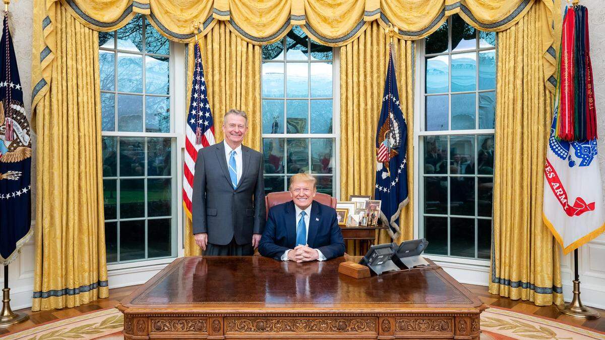 Idaho Gov. Brad Little, left, appears with President Donald Trump in the Oval Office during a visit to the White House in this April file photo.