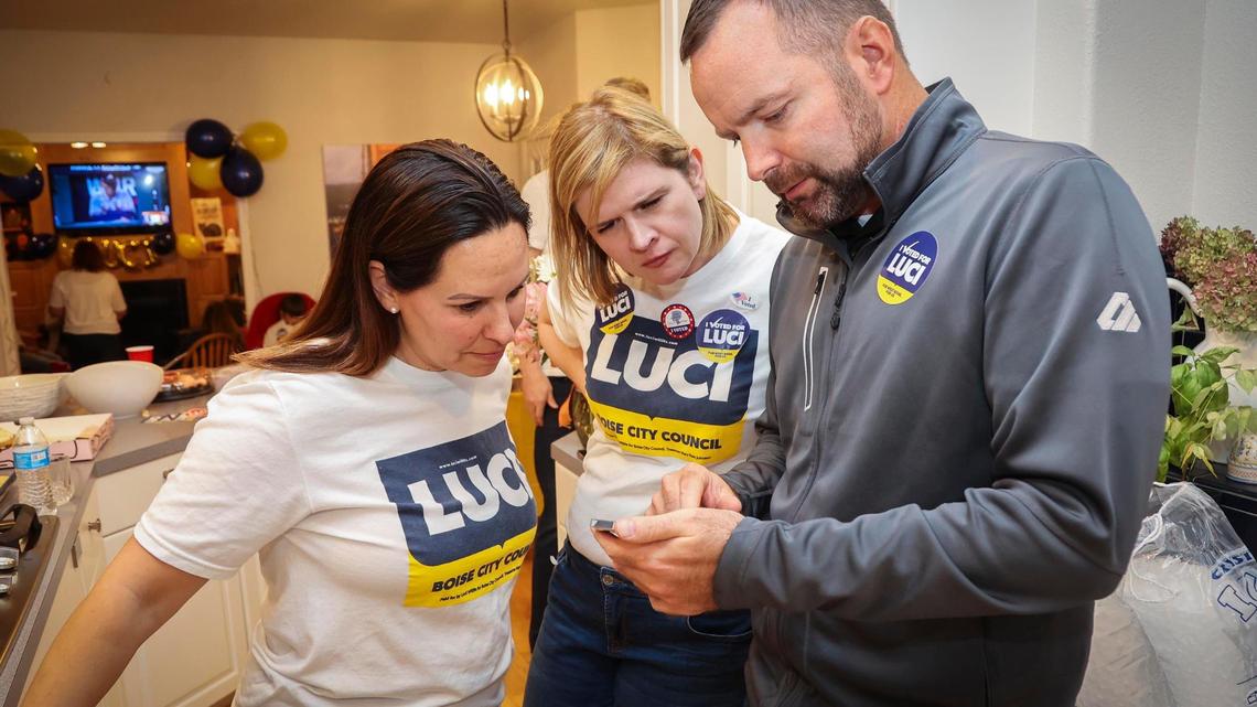 Luci Willits, candidate for Boise City Council District 1, center, watches early election night results. Voter turnout in District 1 increased, along with the rest of Boise, on election night.