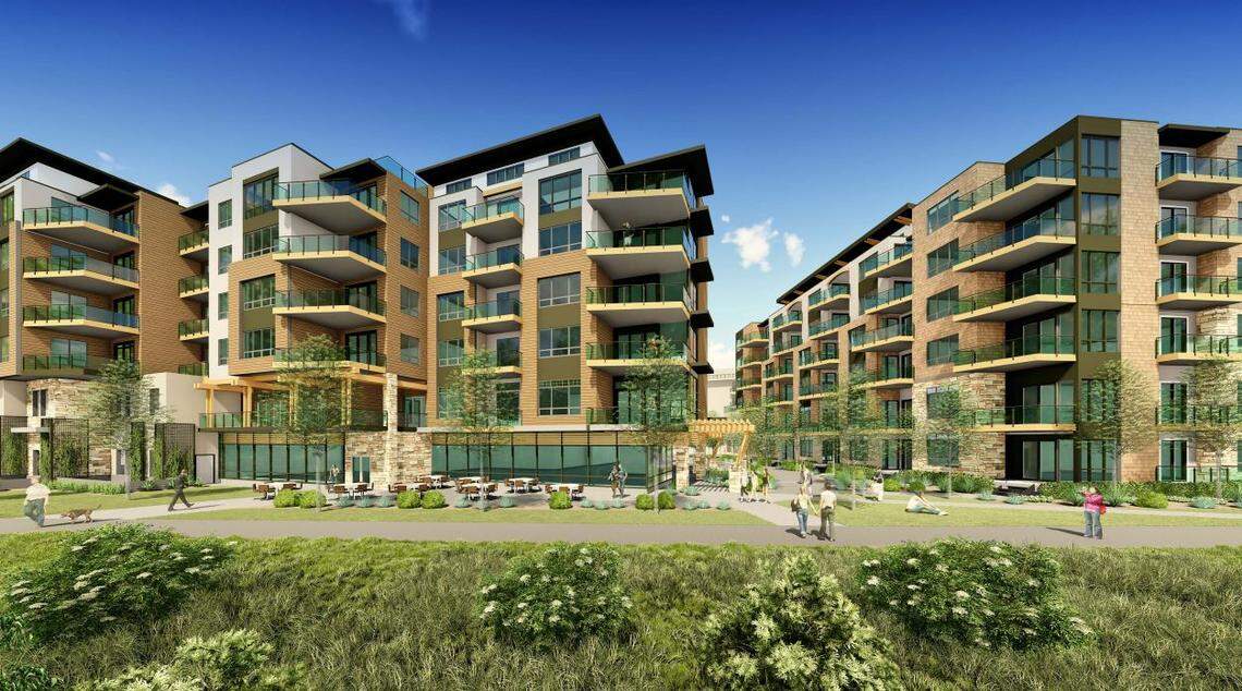 View of the proposed Trapper’s Island condominium project looking south from the Boise River.