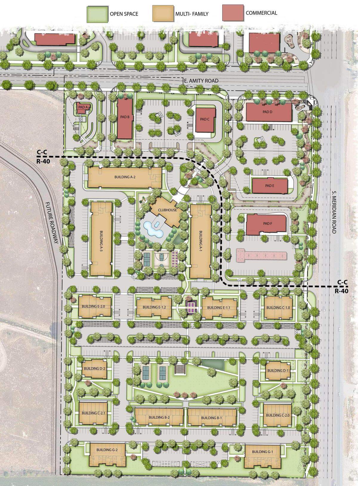 A conceptual site plan for the southwest corner of Meridian and Amity roads. 