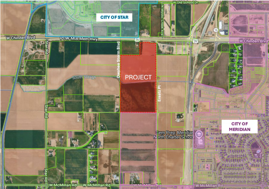 A residential and commercial development is proposed for the area in red, south of Chinden Boulevard and west of Idaho 16 in northwest Meridian.