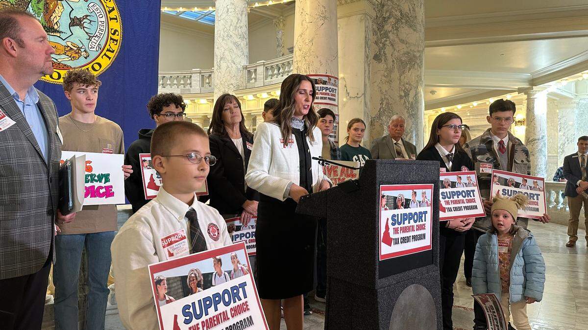 Idaho Sen. Lori Den Hartog, R-Nampa, during a press conference on Jan. 5, 2024, talks about a “Parental Choice Tax Credit” bill she’s sponsoring in the Idaho Legislature to provide tax credits for parents who choose to educate their children in a non-public school setting.