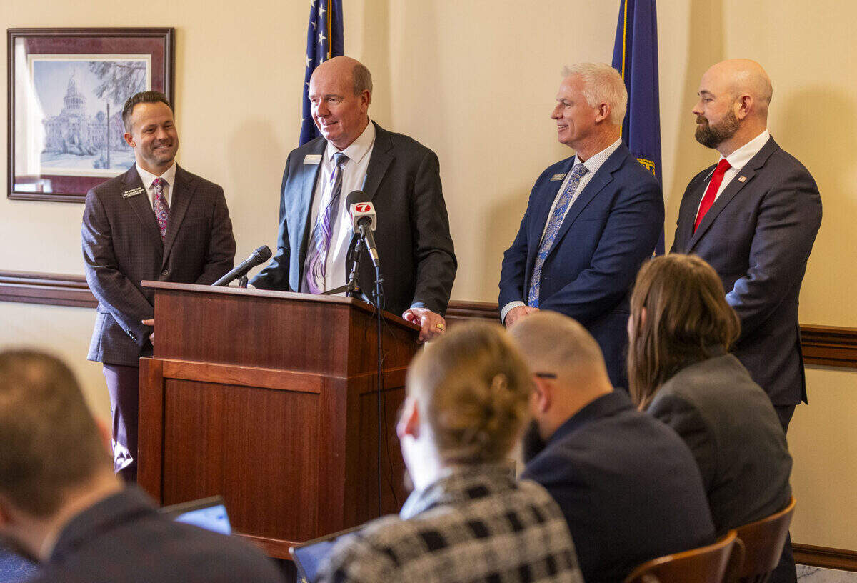 From left to right, House Majority Caucus Chairman Jaron Crane, R-Nampa; House Speaker Mike Moyle, R-Star; House Majority Leader Jason Monks, R-Meridian; and House Assistant Majority Leader Josh Tanner, R-Eagle, host a press conference on Jan. 6, 2025, at the Statehouse in Boise.