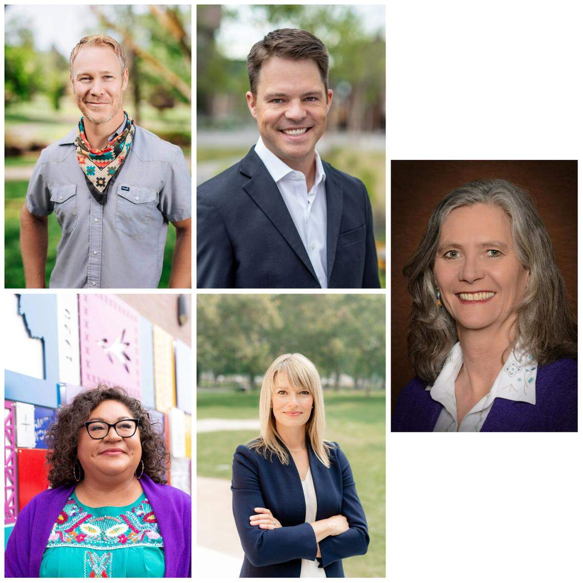 If they all decided to run again for their seats in the November 2023 election, Boise City Council Members Jimmy Hallyburton (top left), Patrick Bageant (top center) and Lisa Sánchez (bottom left) would face one another in the same new district. Council members Holli Woodings (bottom right) and and Elaine Clegg (right) would compete in their district, too.