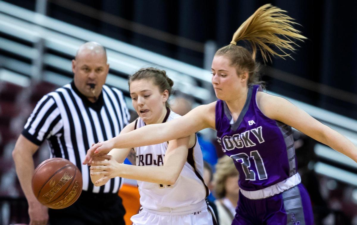 Rocky Mountain’s Chloe Wright nearly steals the ball from Rigby’s Camryn Williams but loses the ball out of bounds during the first round of the 5A state girls basketball tournament Thursday, Feb. 20, 2020 at Ford Idaho Center in Nampa.