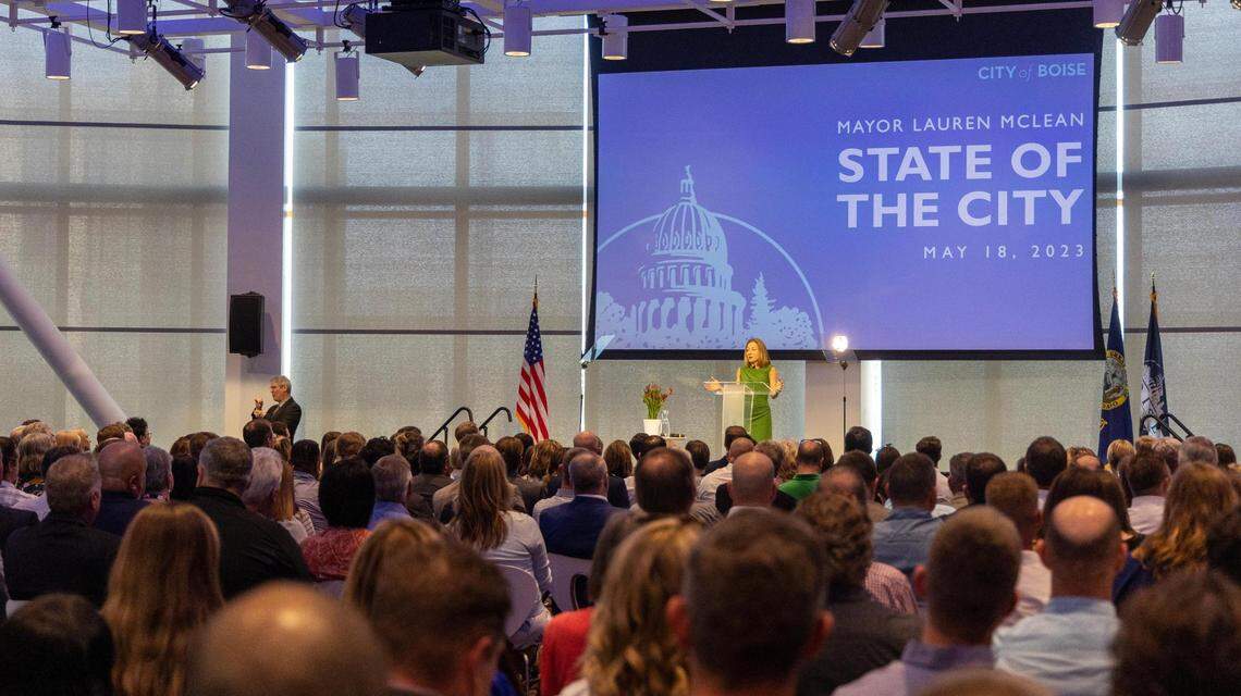 Boise Mayor Lauren McLean spoke to a crowded room on Thursday afternoon.