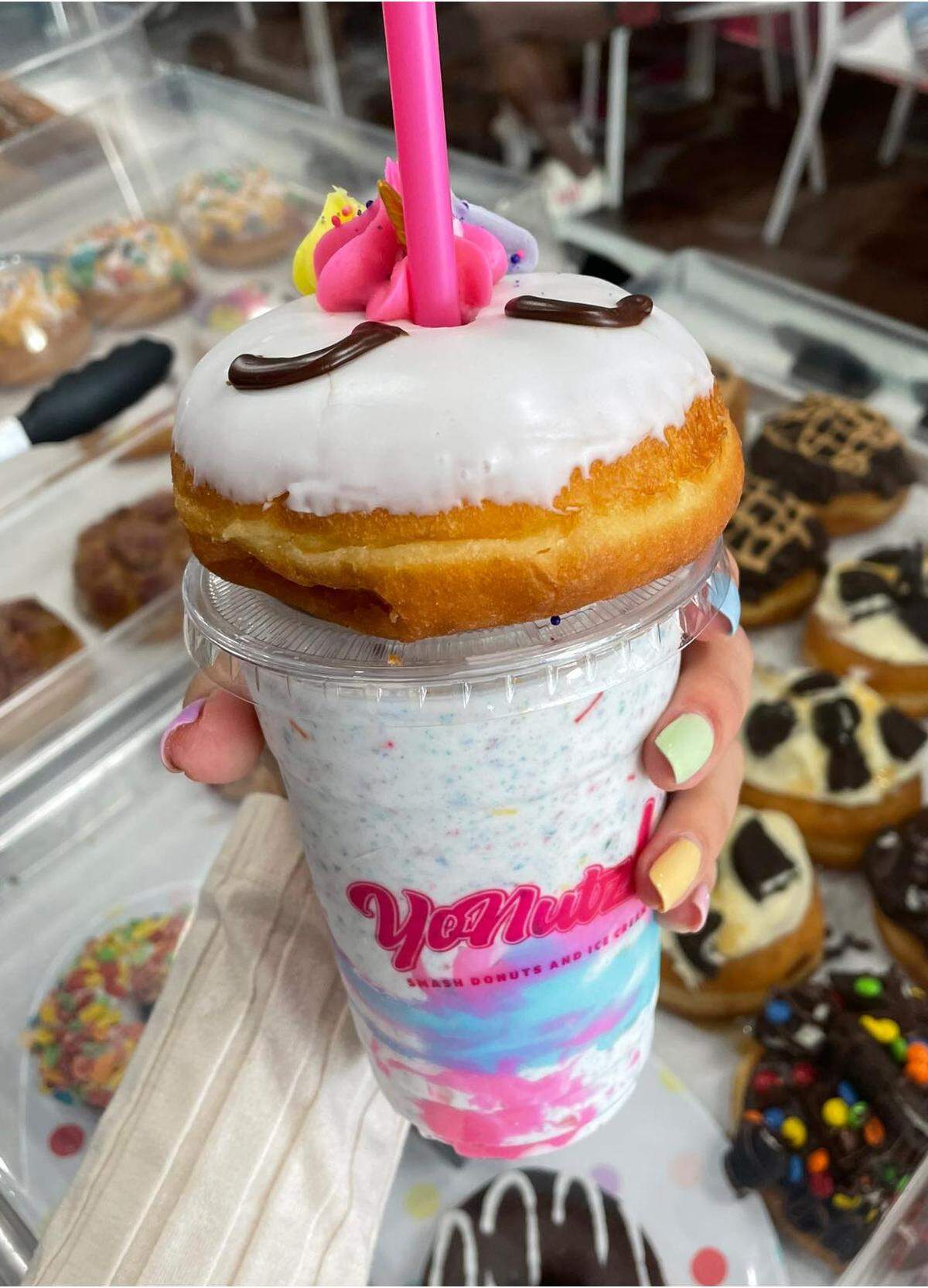 Behold the Unicorn Smash Milkshake ($11.95): Unicorn Ice Cream, Golden Oreos, sprinkles and a mini donut, topped with a Big Unicorn Donut