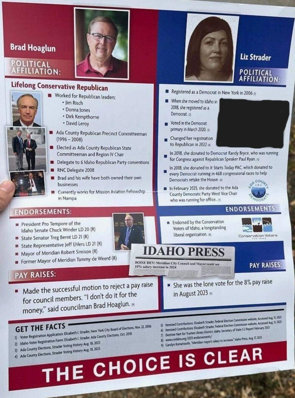 The mailer was sent to registered voters in Meridian’s District 2. Hoaglun said he sent it because he wanted voters to know Strader’s previous party affiliation. The Idaho Statesman blacked out Strader’s address at top right.