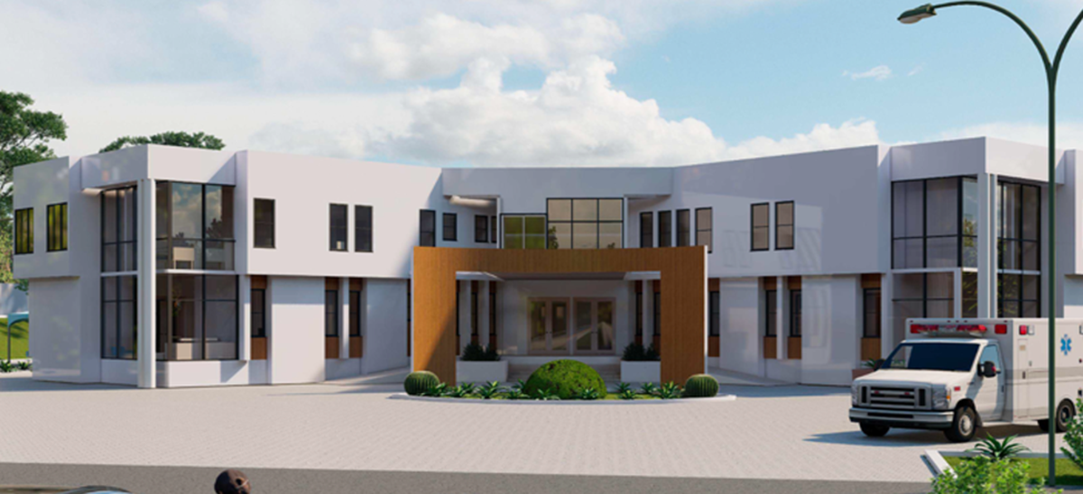 A rendering of the eye-care center in Ghana that Stuart Clive’s donation will go toward.