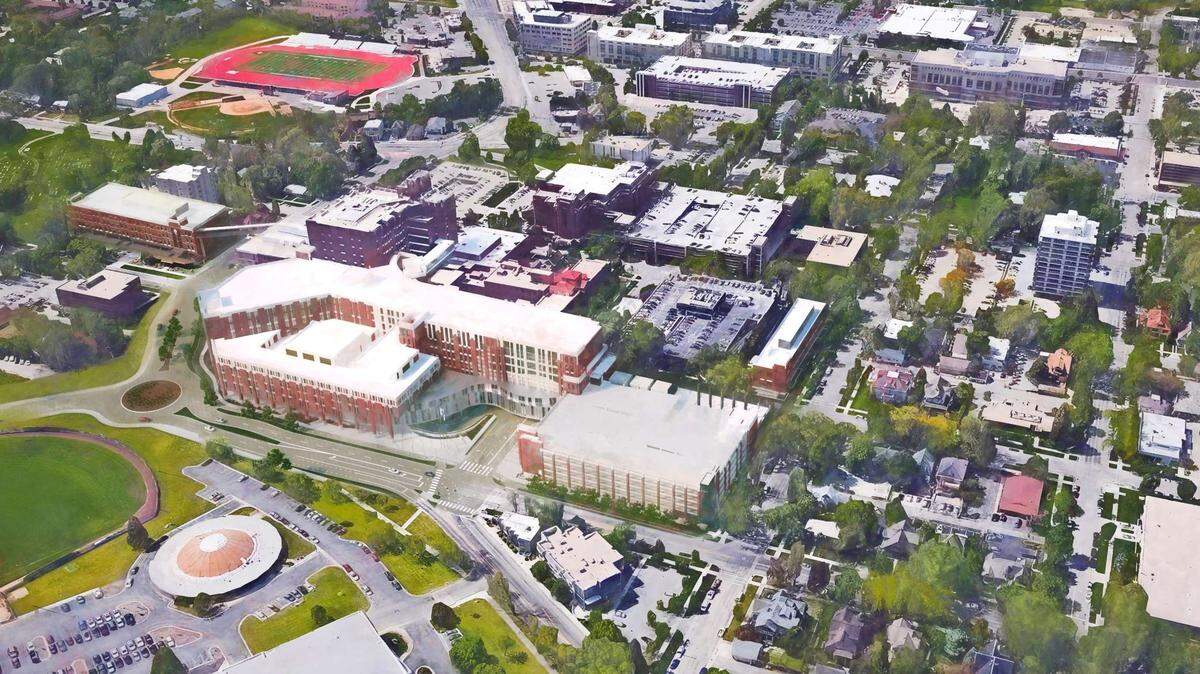An architect’s view of the expanded St. Luke’s Boise Medical Center upon completion of a big new hospital addition. This bird’s-eye aerial view is taken from the north and looks southeast.