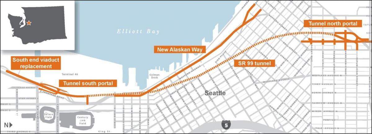 The Alaskan Way Viaduct Replacement Program is in downtown Seattle, near Lumen Field and T-Mobile Park, causing potential traffic jams around sporting events.