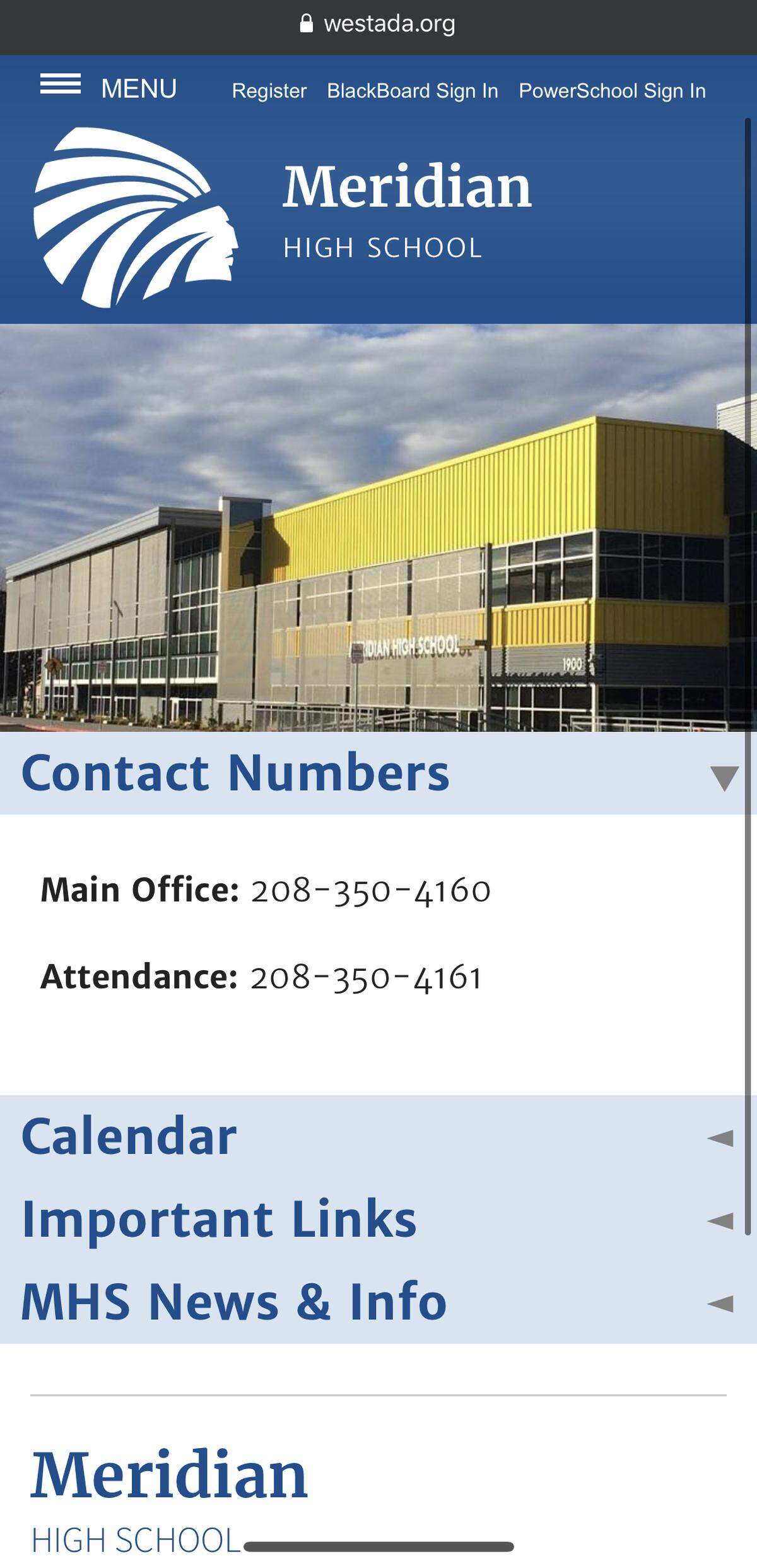 A screenshot of Meridian High School’s website shows it still prominently displays the Warriors’ old log of a chief in a headdress.