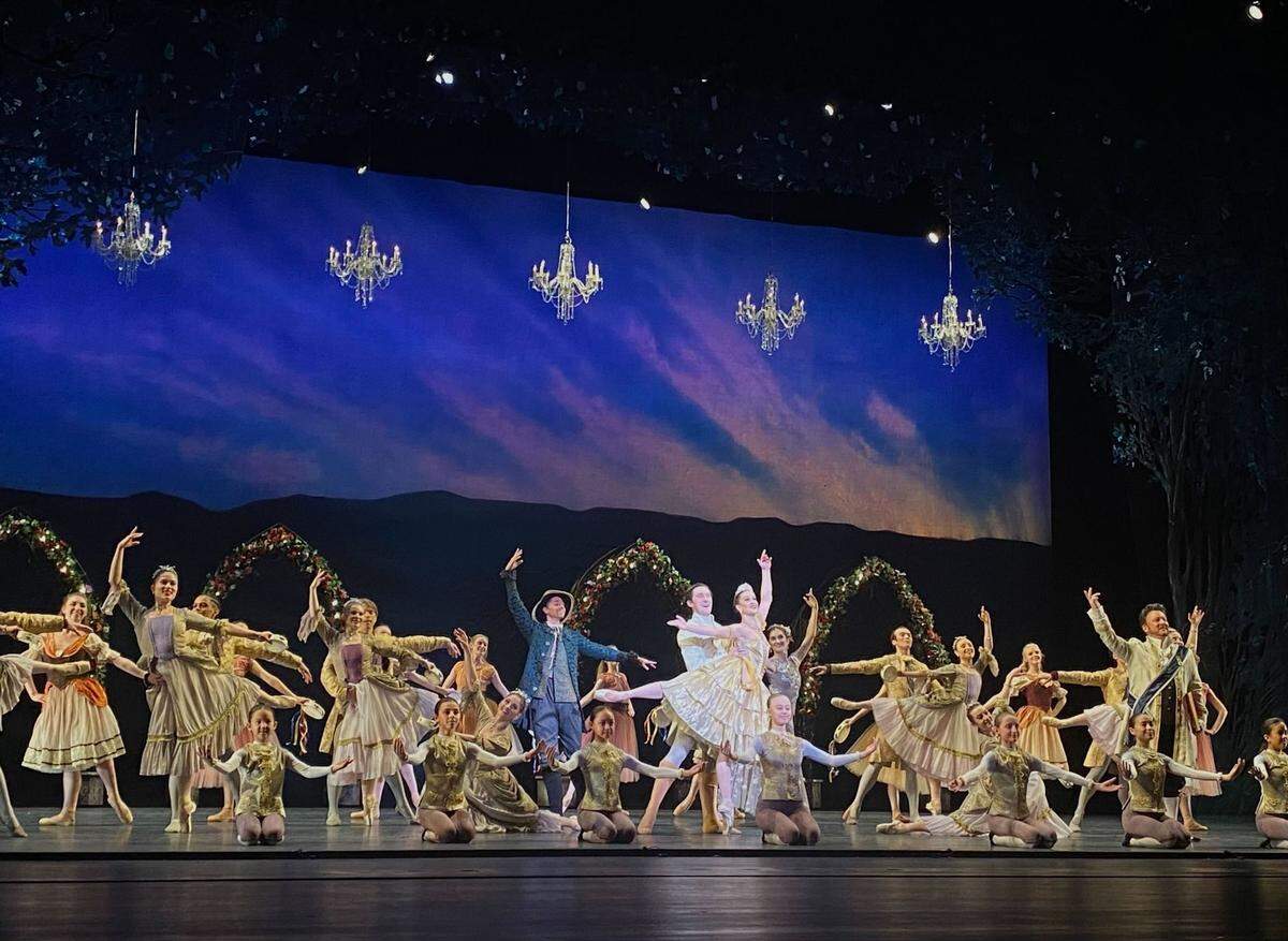 The cast of Ballet Idaho’s production of Bruce Well’s “Beauty and the Beast” features Adrienne Kerr and Justin Hughes (center couple) in the title roles. The production runs at the Morrison Center May 6-8, 2022. 