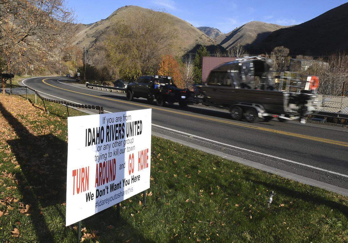 A sign on the south entrance to Riggins sends a stern message to those working to close steelhead fishing that they are not welcome in the town.