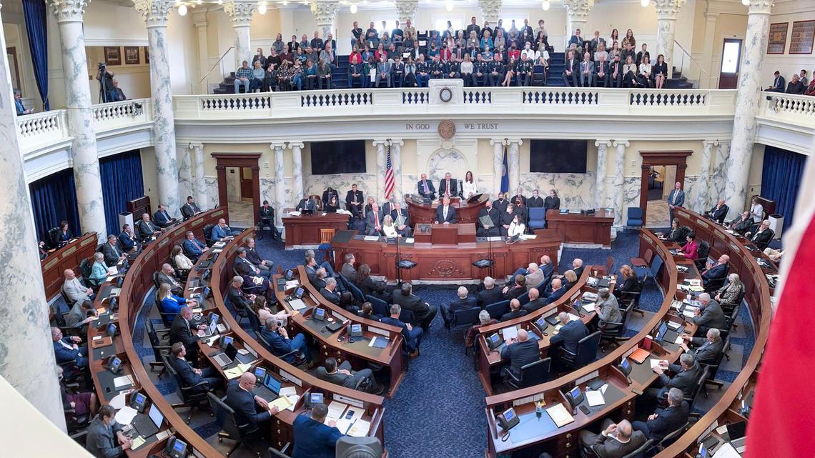 The Idaho Legislature, joined by justices of the Idaho Supreme Court and elected officials, gather in the House Chambers to hear Gov. Brad Little deliver his State of the State address Jan. 10. Dozens have filed to run for state legislative seats this year.