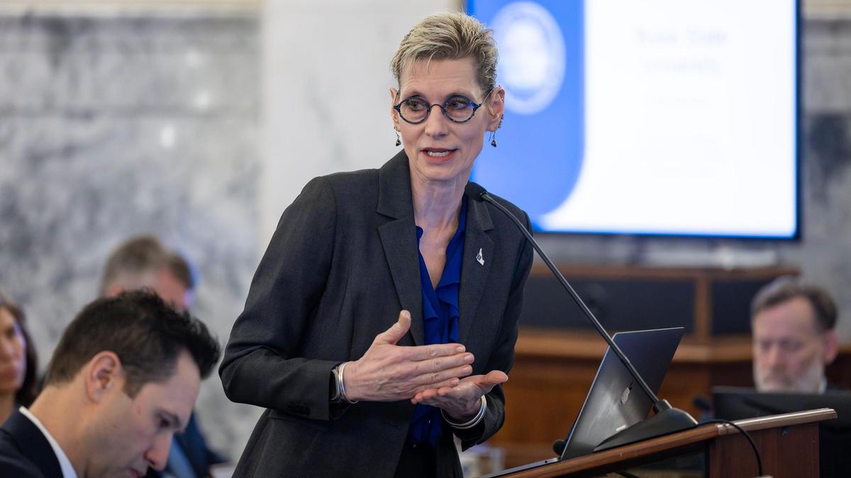 Former Boise State University President Marlene Tromp, seen here addressing the Joint Finance-Appropriations Committee in 2024, left the university last year and hasn’t been replaced, despite a national search.