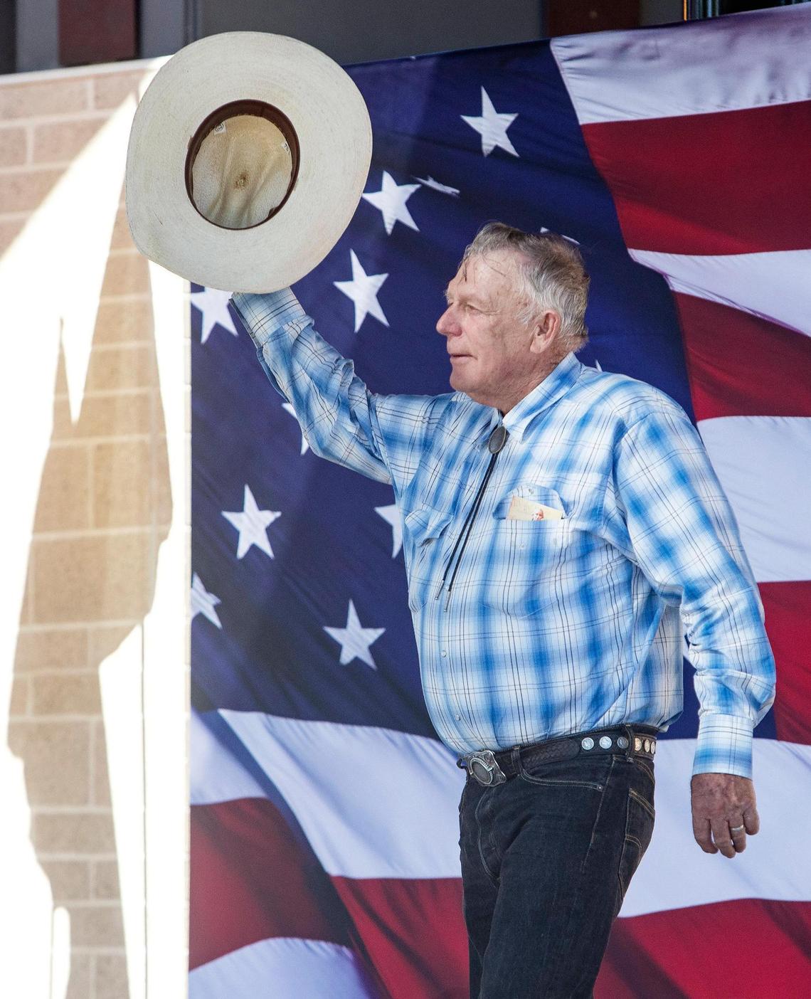 Cliven Bundy takes the stage to speak at his son Ammon Bundy’s campaign announcement rally at Kleiner Park in Meridian on Saturday, June 19, 2021. Bundy is running for Idaho governor.