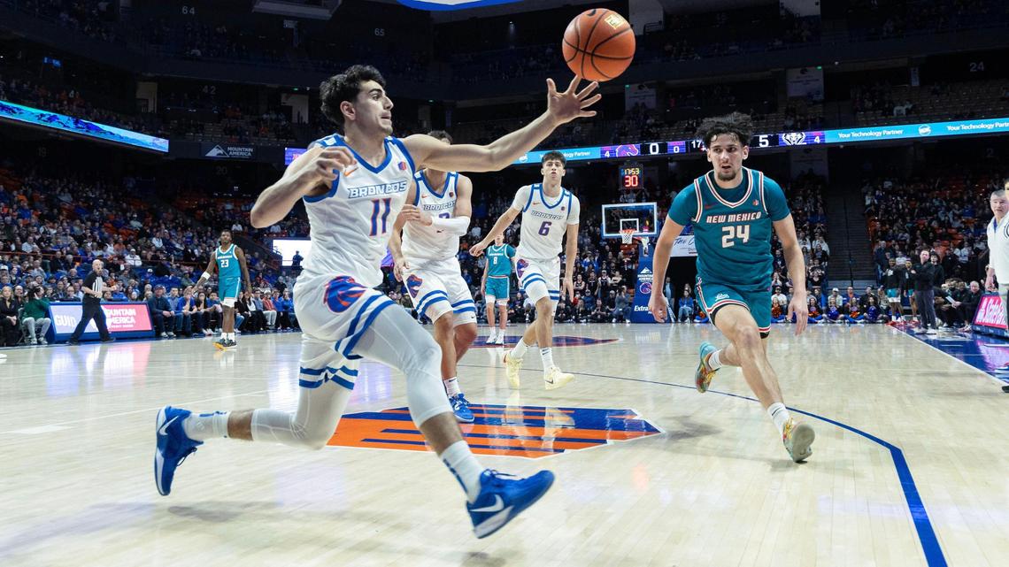 Boise State guard Alvaro Cardenas chases down a long rebound on defense against Mountain West foe New Mexico in the first half at ExtraMile Arena in Boise, Wednesday, Feb. 19, 2025.