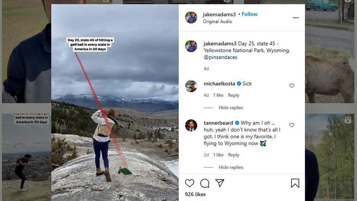 This screen grab shows comedian Jake Adams teeing off in Yellowstone National Park.