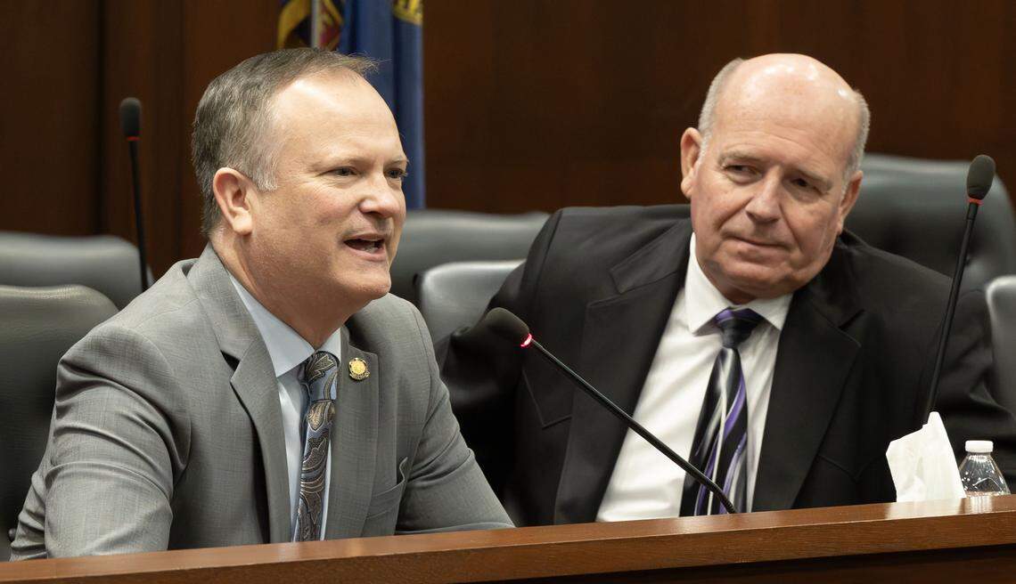 Idaho Senate President Pro Tempore Kelly Arthur Anthon, R-Rupert, speaks to issues facing the upcoming legislative session as Speaker of the House Mike Moyle, R-Star, listens with leaders from both the House and Senate. The preview event was hosted by the Idaho Press Club and Capitol Correspondents Association in the Lincoln Auditorium at the Idaho Statehouse, Thursday, Jan. 8, 2026.