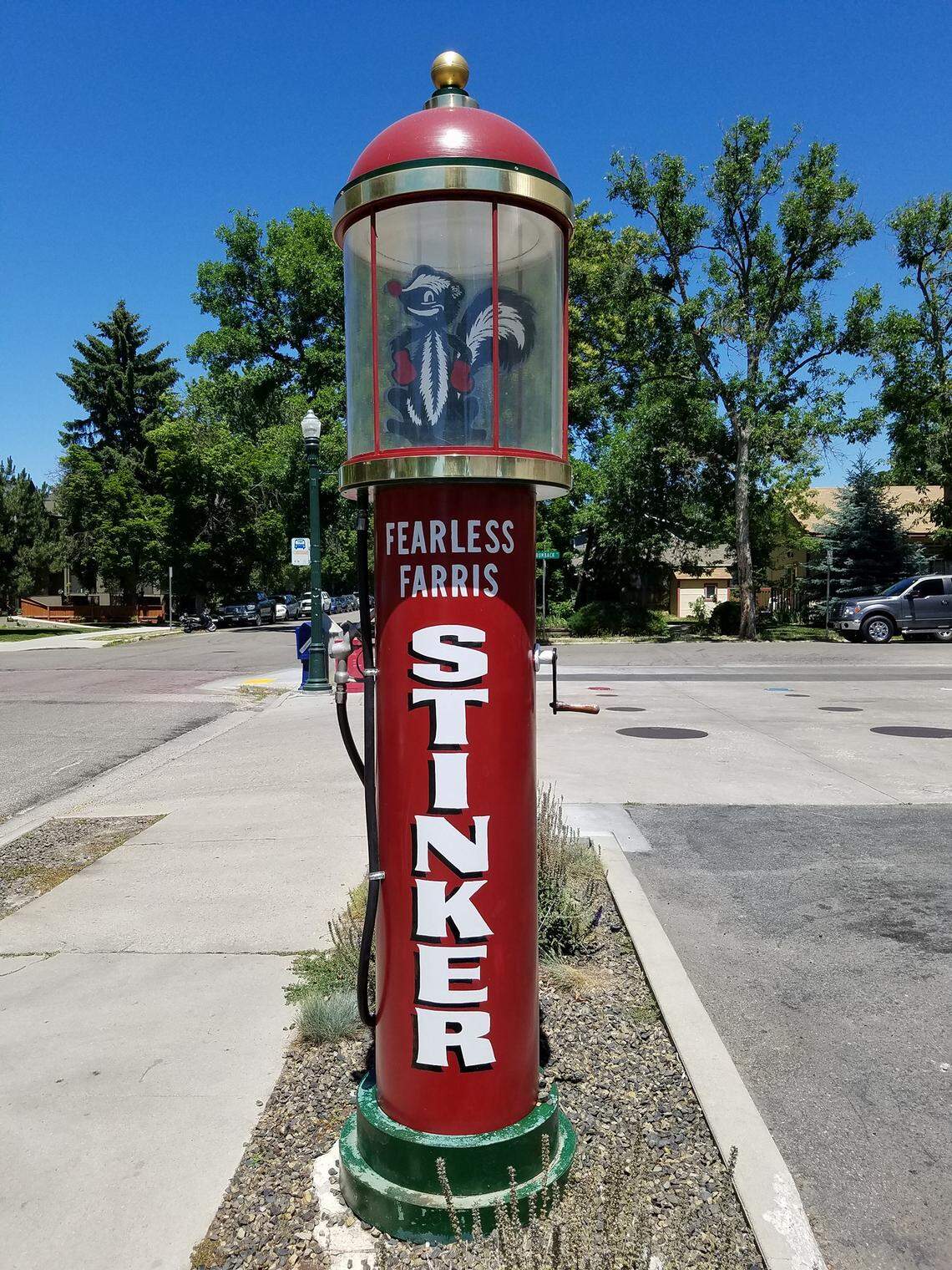 Old-style gas pumps featured a glass globe at the top that displayed the gasoline before it was pumped into a customer’s car. This one is located at a Stinker station in Boise’s Hyde Park.