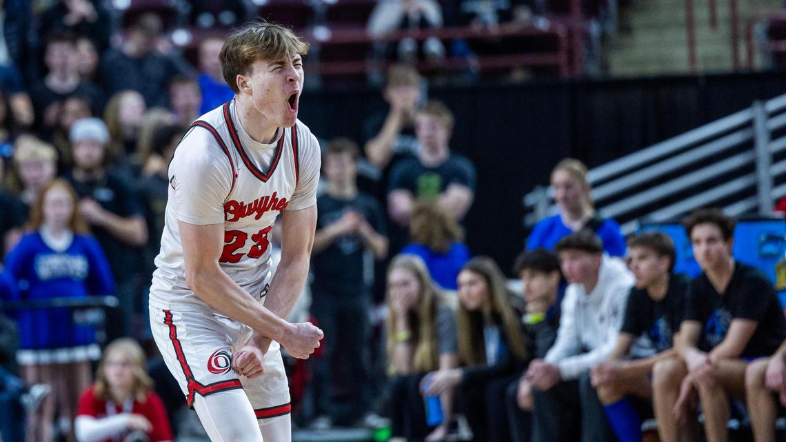 Owyhee guard Boden Howell celebrates after sinking one of his four 3-pointers in a 50-42 win over Timberline in the 6A boys basketball state tournament semifinals. Howell scored a game-high 16 points, including 11 in the first quarter.