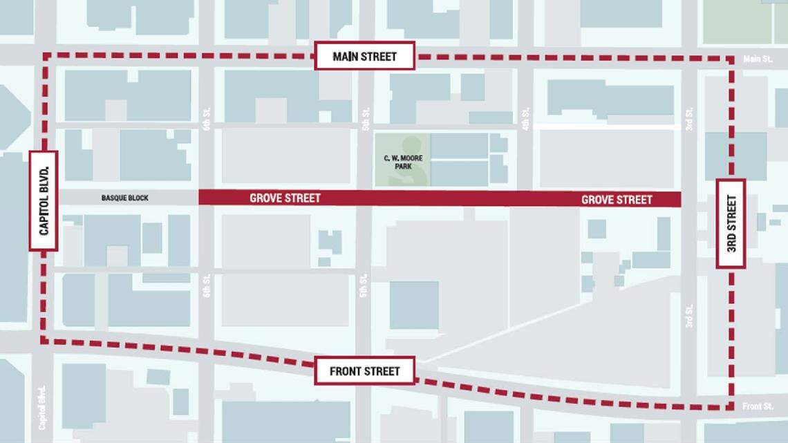 What city officials have labeled the Old Boise Blocks on Grove Street run from 6th Street east to 3rd Street. The blocks are dominated by surface parking lots. The heart of the Old Boise historic commercial district is on Main Street one block north.