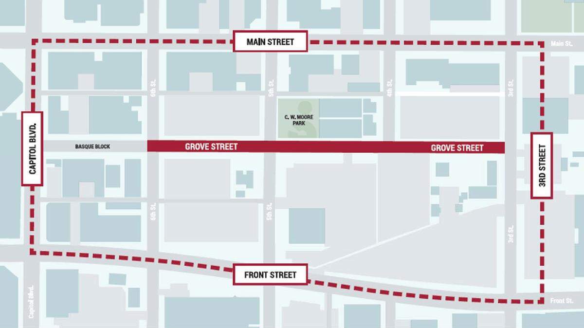 What city officials have labeled the Old Boise Blocks on Grove Street run from 6th Street east to 3rd Street. The blocks are dominated by surface parking lots. The heart of the Old Boise historic commercial district is on Main Street one block north.