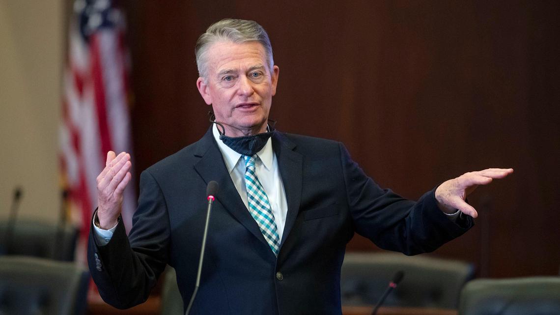 Idaho Gov. Brad Little announces Stage 3 of his reopening of Idaho plan Thursday, May 28, 2020, at the Statehouse in Boise. A COVID-19 statewide stay-at-home order was first issued March 25 to help prevent further spread during the coronavirus pandemic.