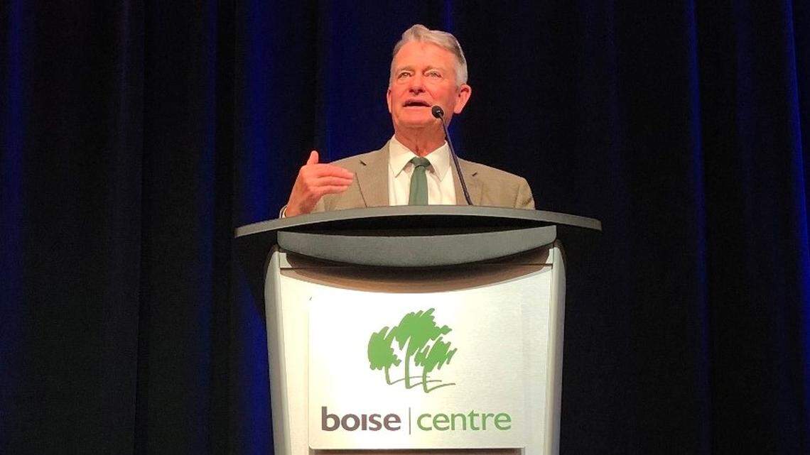 Gov. Brad Little addresses county representatives at the Idaho Association of Counties annual conference. Before launching into economic issues, Little opened by addressing the need to lower state COVID-19 cases.
