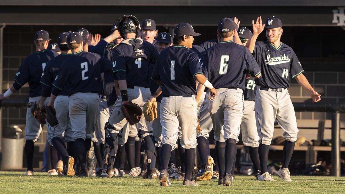 Mountain View celebrates winning its first ever 5A District 3 baseball championship Wednesday, May 8, 2019, with a 14-1 win over Rocky Mountain on the Grizzlies’ home field in Meridian.