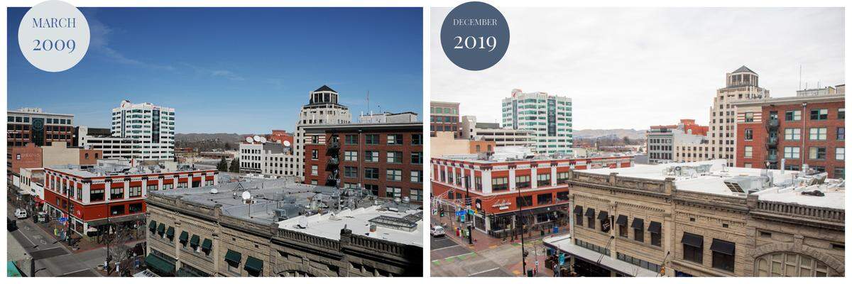 The view of 8th and Idaho streets in Downtown Boise in March of 2009 (left) and December 2019.