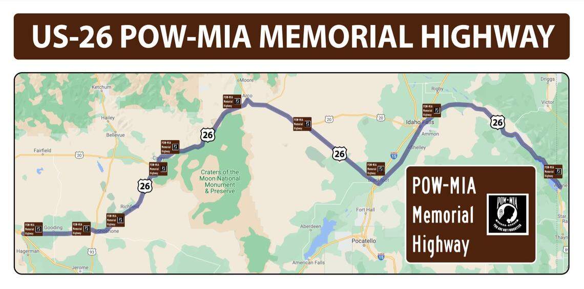 US-26 in Idaho will be named named POW-MIA Memorial Highway. This map shows the 10 locations in the southern Idaho where signage will show the new name.