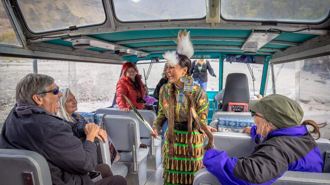 Stacia Morfin shares stories with guests during “Hear the Echoes of Our Ancestors,” a jet boat tour operated by her company Nez Perce Tourism.