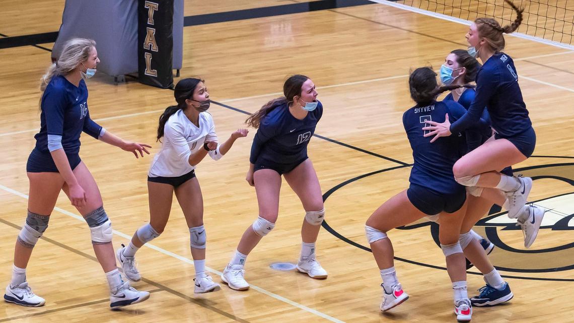 Skyview celebrates winning the 5A District Three volleyball championship Thursday, Oct. 22, 2020, at Capital High School in Boise. Skyview won the title with a 25-21, 25-23, 22-25, 25-21 victory over Eagle.
