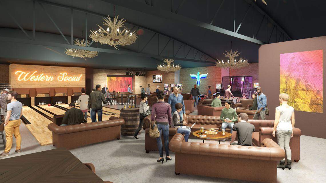 Western Social will have a social game lounge including four miniature bowling lanes, as illustrated in this rendering.