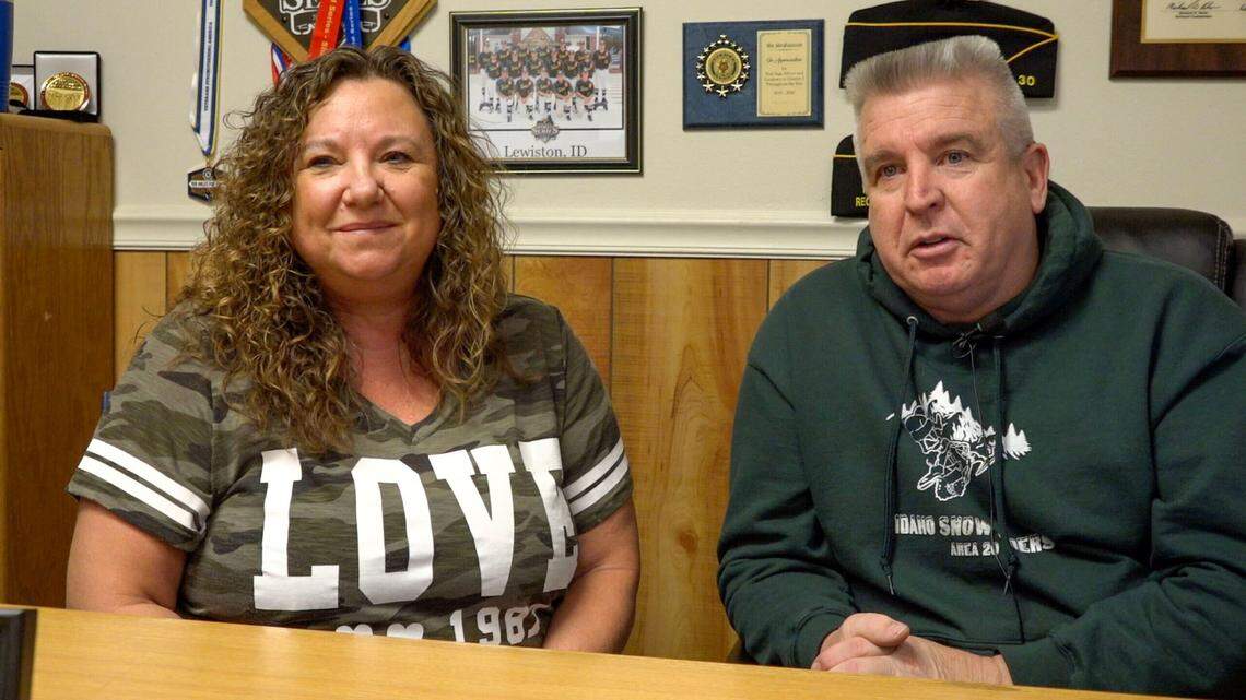 Former Idaho American Legion Commander Charles “Abe” Abrahamson, right, with his wife, Robin Abrahamson, appeared during an interview with Idaho News 6 in January 2024. He is now under an investigation by Idaho State Police for at least $750,000 in alleged embezzlement of the military veteran nonprofit’s funds.