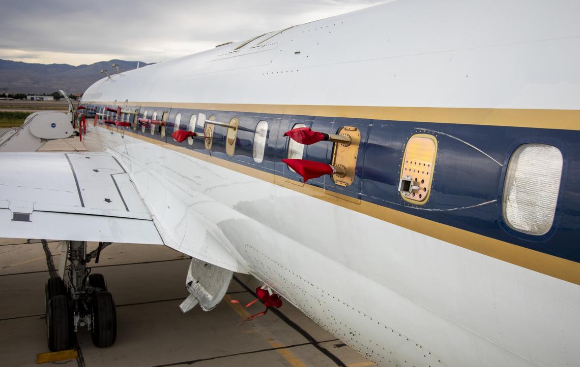 Not your normal airplane: Windows on the NASA research plane are outfitted with sensors that collect wildfire smoke samples for air quality research.
