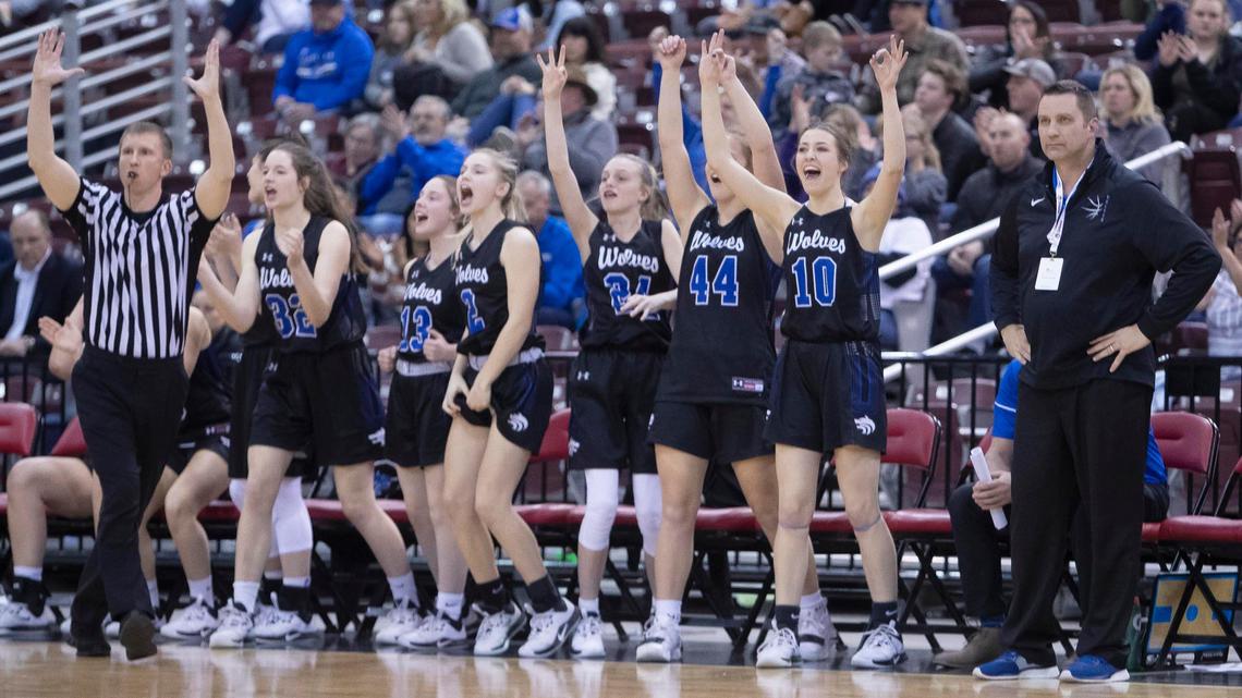 Timberline’s bench celebrates a 3-pointer during last year’s 5A girls basketball state tournament at the Ford Idaho Center in Nampa.