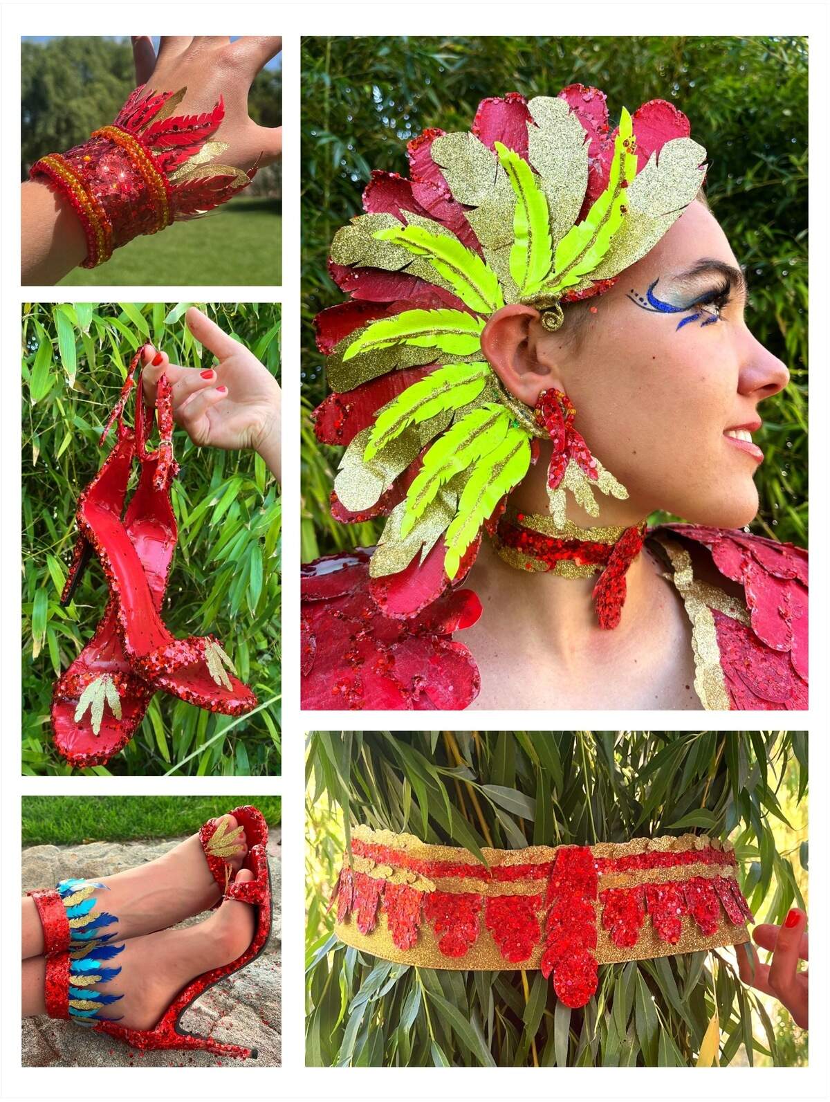 Details of Rio Larson’s ensemble. Beyond the dress, the look features a headpiece, arm cuffs, a belt and matching heels.