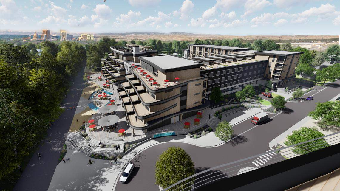 This rendering shows Vida Properties’ plans for the Boardwalk, a three-building mixed-use project in Garden City. Developer Michael Talbott said these will be the first luxury apartments along the Boise River.