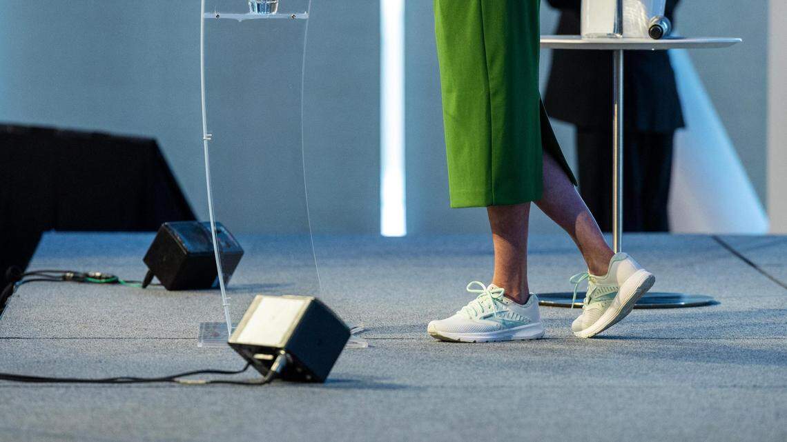 Going for comfort on stage, Boise Mayor Lauren McLean delivers her State of the City address Thursday at JUMP.