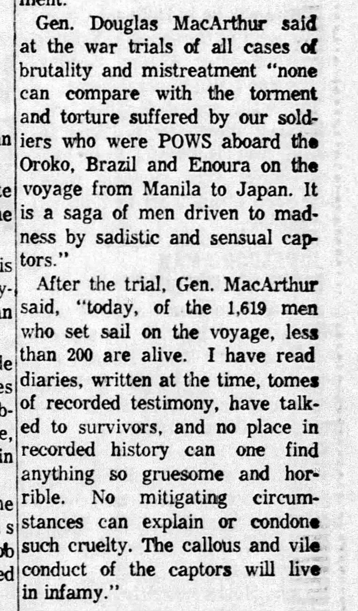 Gen. Douglas MacArthur recalled the treatment of POWs on the Enoura Maru and the Brazil Maru in a news clip.