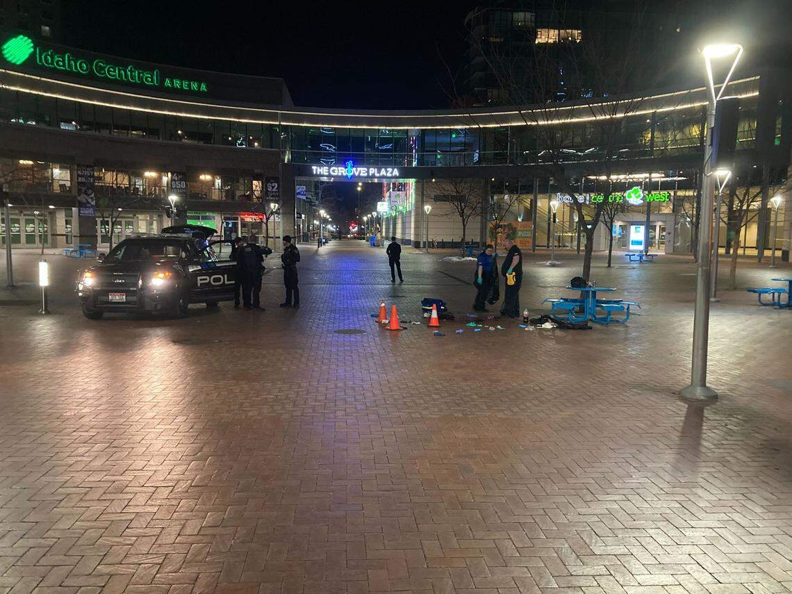 A man was found with a gunshot wound in the middle of The Grove plaza in downtown Boise on Saturday night.