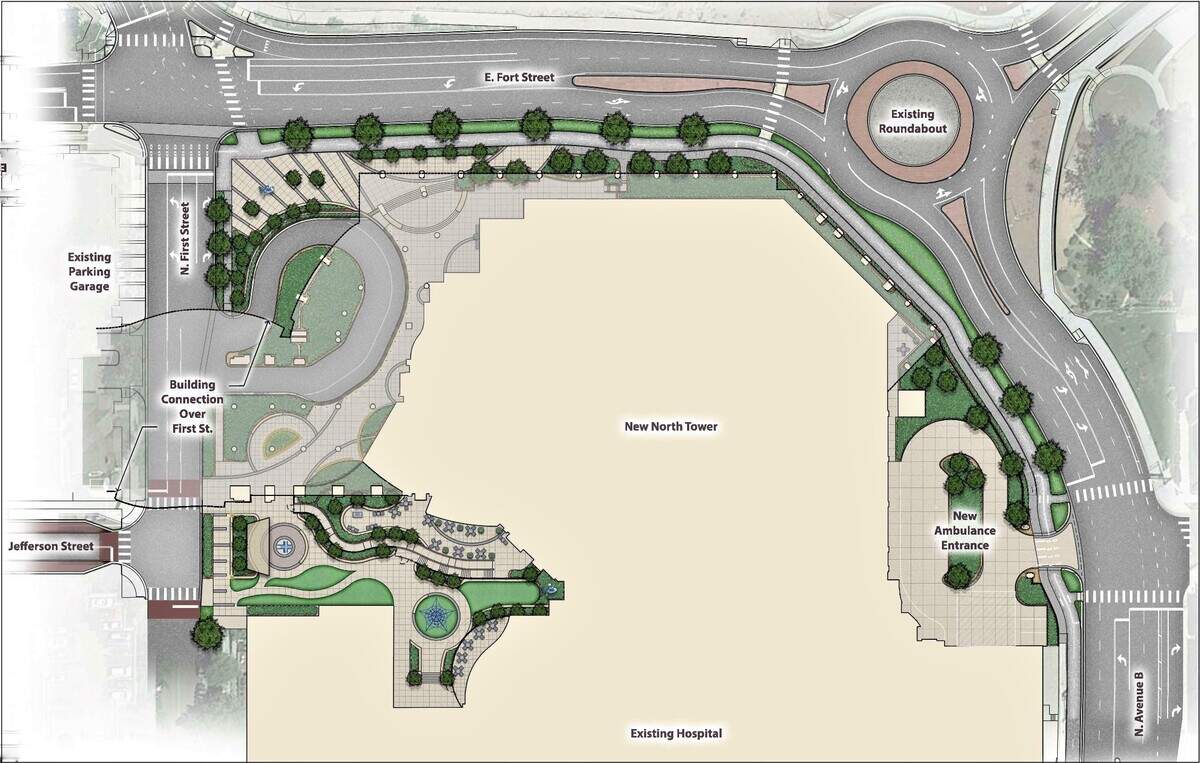 The site plan for the St. Luke’s North Tower and 1st Street Medical Office Plaza at the St. Luke’s Boise Medical Center.
